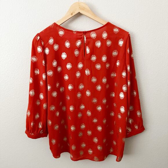 ALICE BLUE x STITCHFIX | Orange Pleated Gold Polka Dots Chiffon Blouse | Medium - Picture 6 of 7